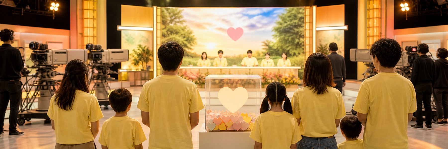 暖色の照明に包まれたチャリティー番組の無人スタジオで、家族を象徴する椅子とハート形の光が見える様子