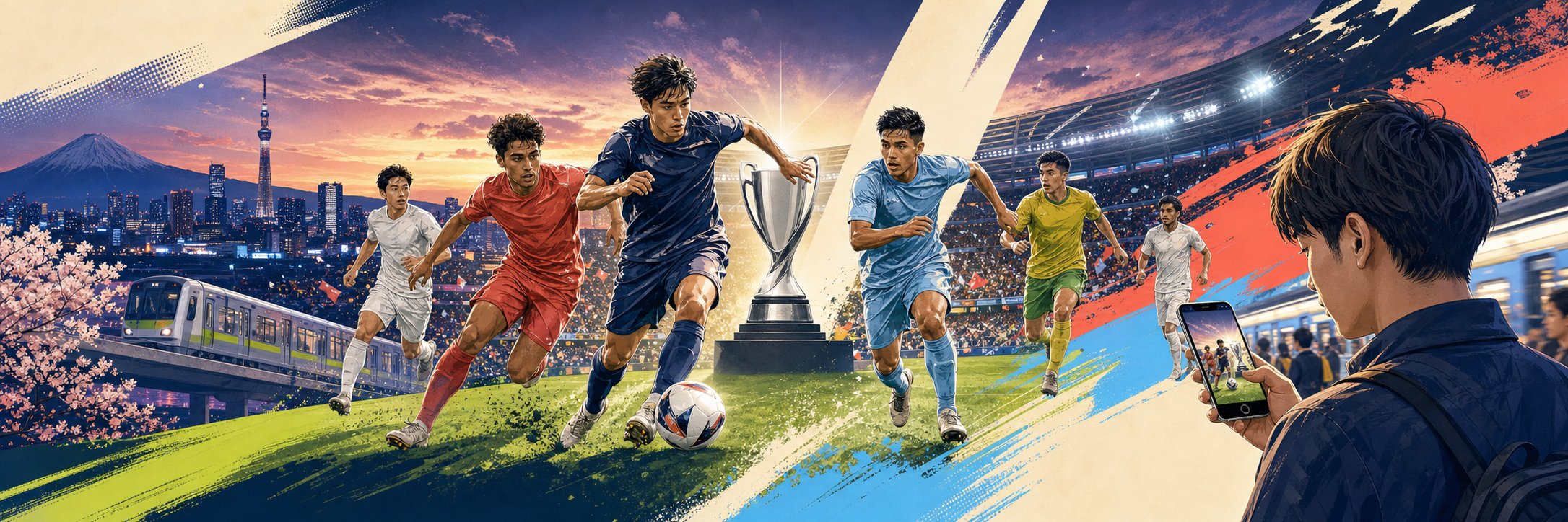 日本のスタジアムで競う架空のU23アジア各国サッカー選手と通勤者のイラスト