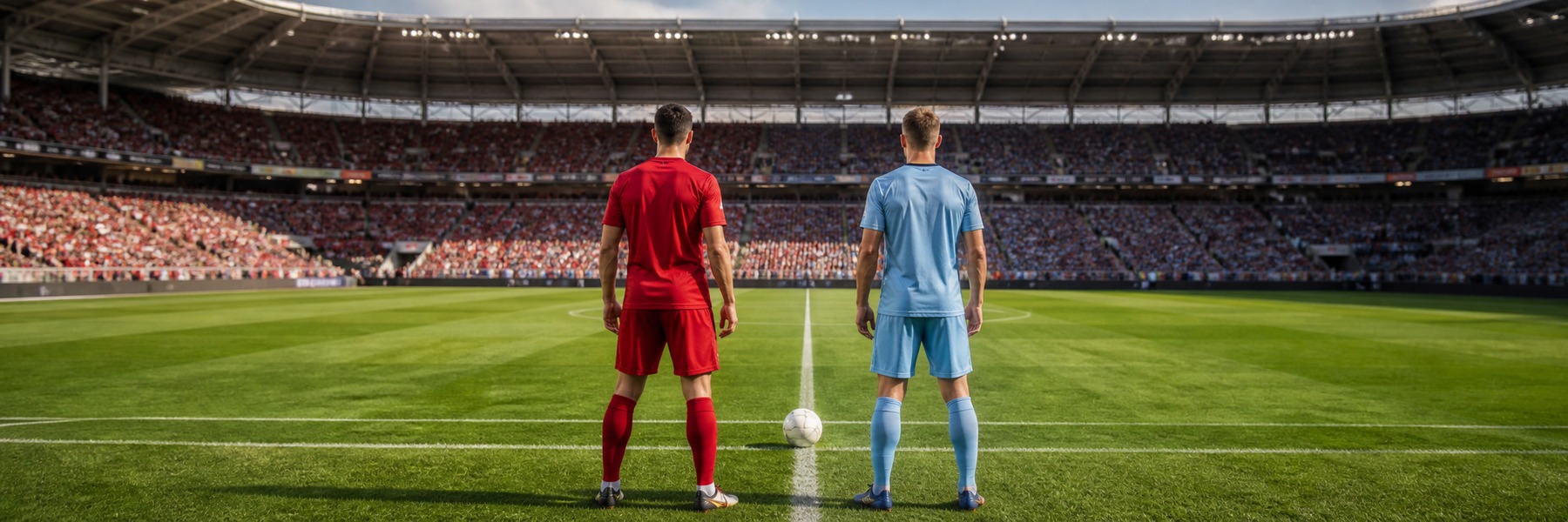 満員のサッカースタジアムで赤と水色のユニフォームを着てキックオフを待つ2人の選手