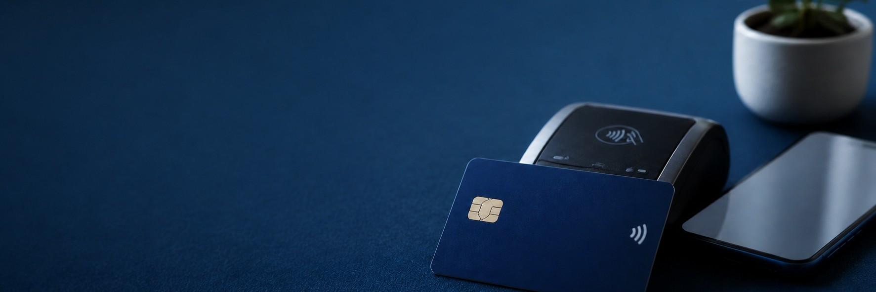 濃紺の机に置かれた無地の青いクレジットカード、スマートフォン、非接触決済端末