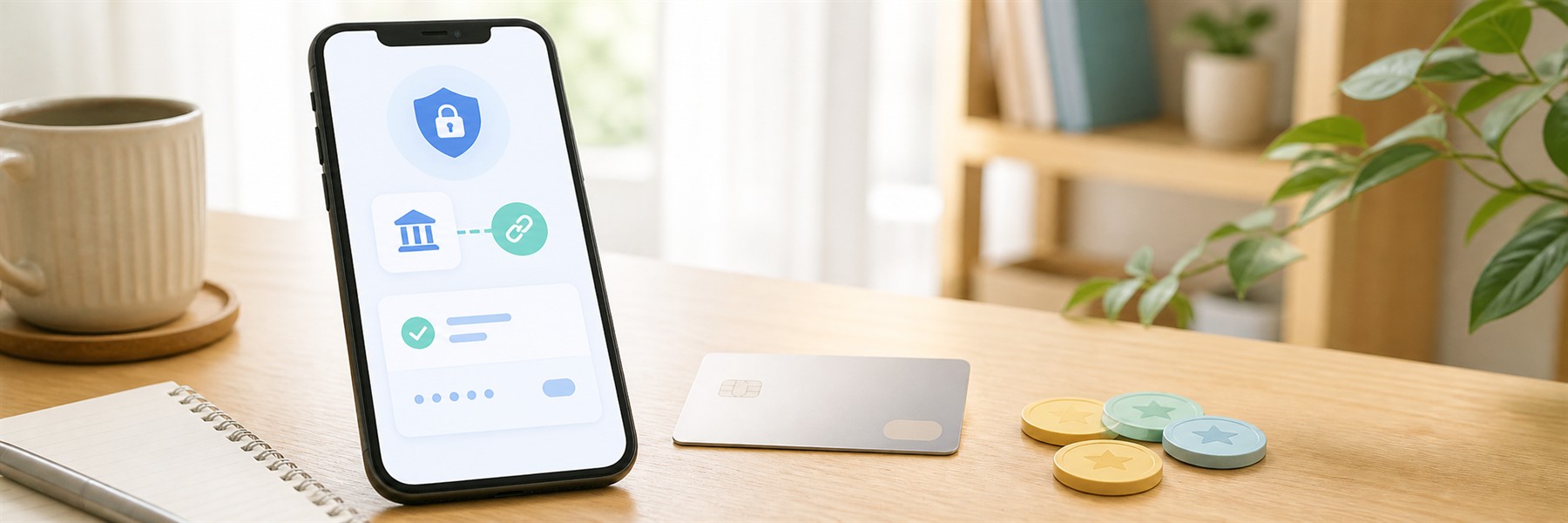 スマートフォン上の銀行口座と会員アカウントが安全につながる様子を表した抽象的な画面とカード