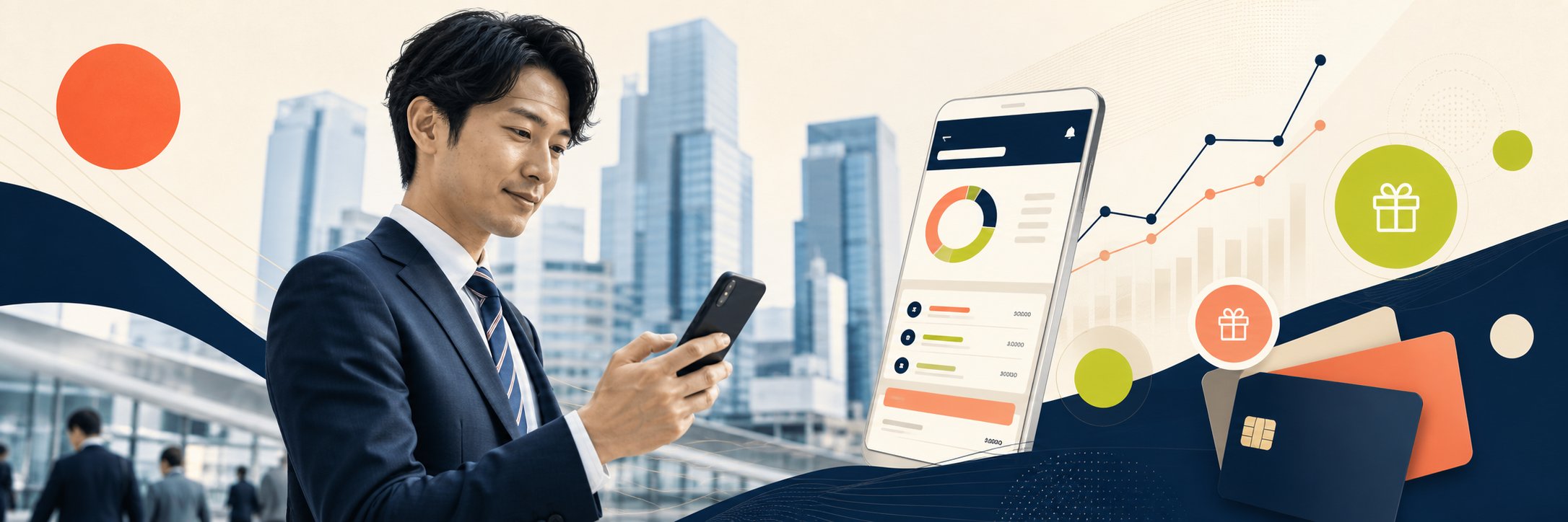 スマートフォンの銀行画面を確認する通勤中の会社員と金融サービスのイラスト