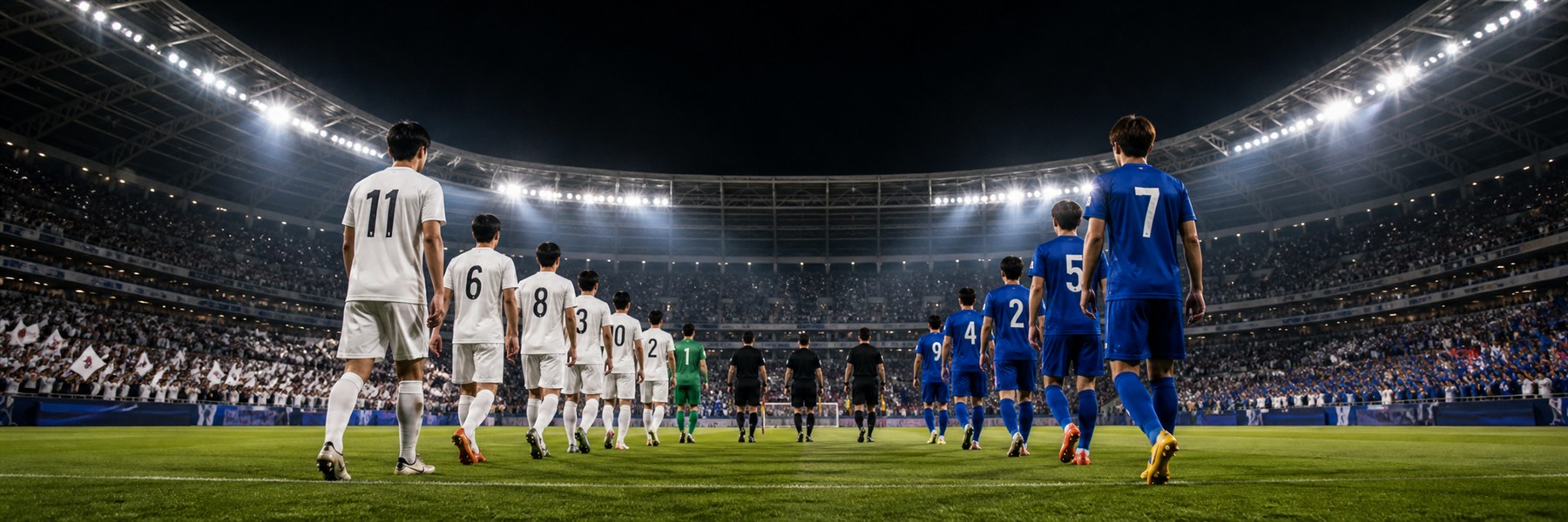 照明に照らされた満員のサッカースタジアムで白と青の無地ユニフォームの選手が入場する様子