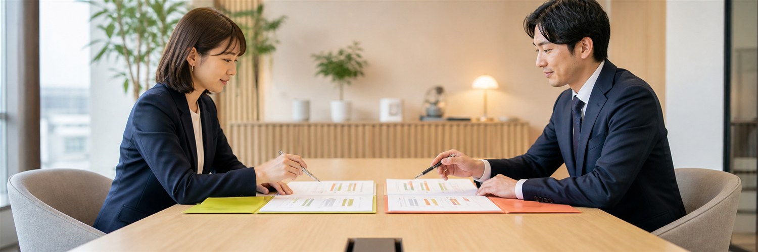 会議室で二人の会社員が対等な立場で雇用条件の資料を比較する様子