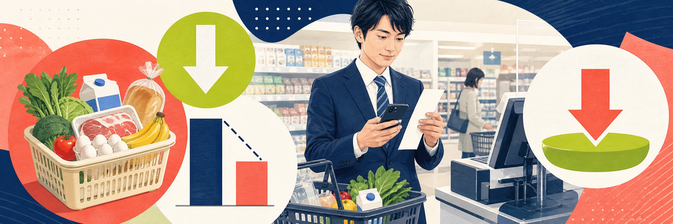 スーパーで食料品のレシートとスマートフォンを確認する通勤者のイラスト