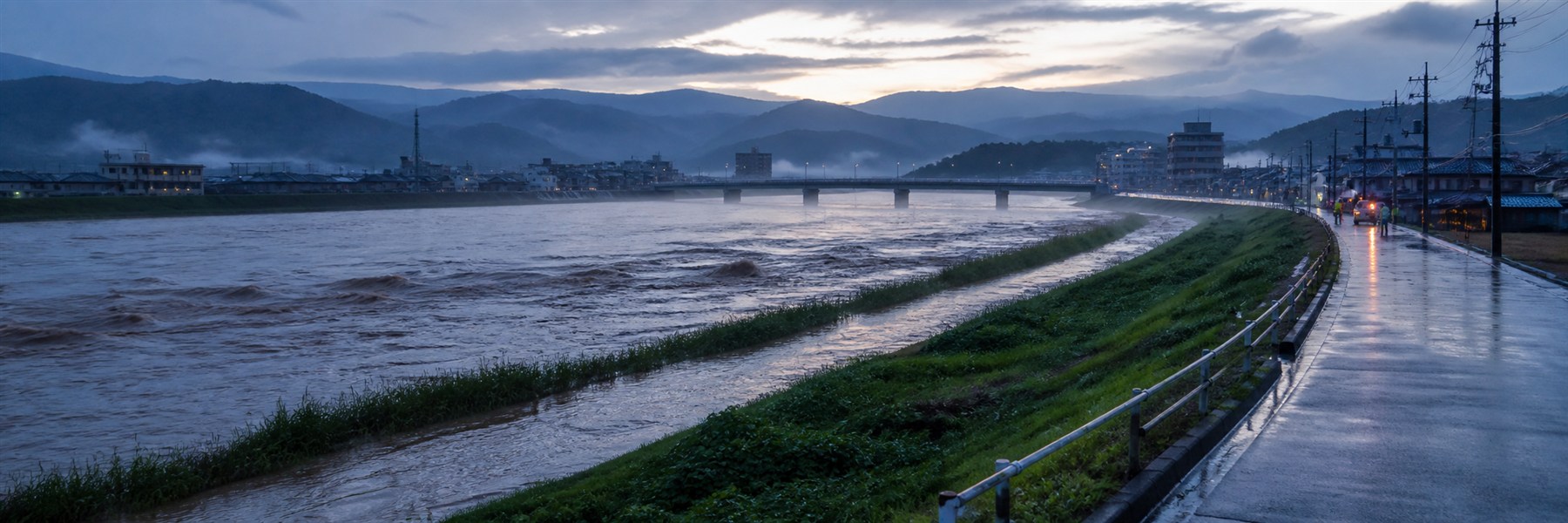 雨上がりの早朝、福井県を思わせる山沿いの街を流れる増水した川と、濡れた堤防道路を確認する作業員の様子