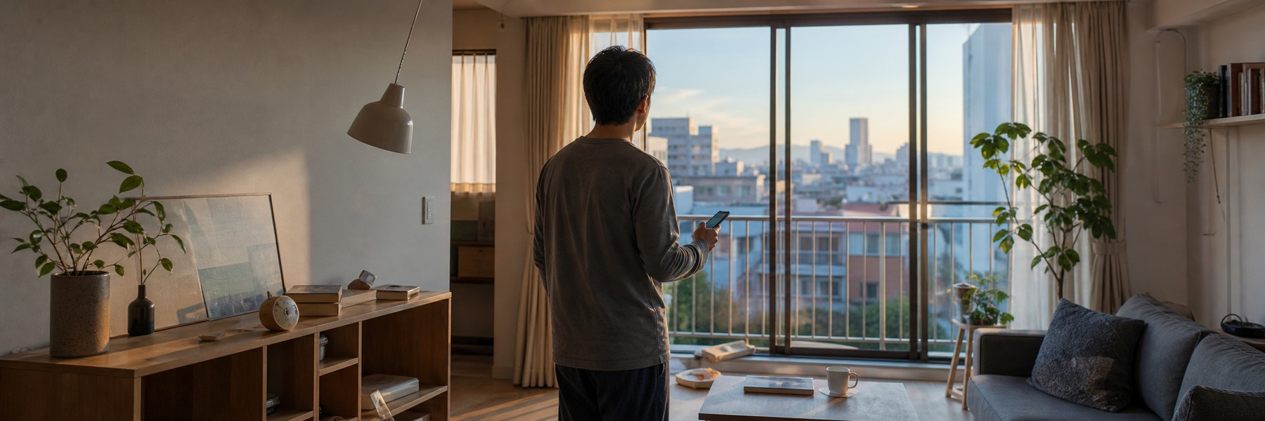 朝の揺れのあと福岡市街を望む室内でスマートフォンを確認する住民