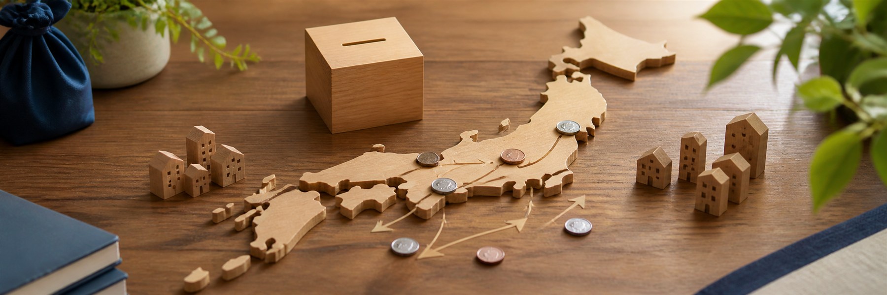 日本地図を模した木製ボード上で寄付箱と自治体を示す無地の駒の間を硬貨が移動する様子