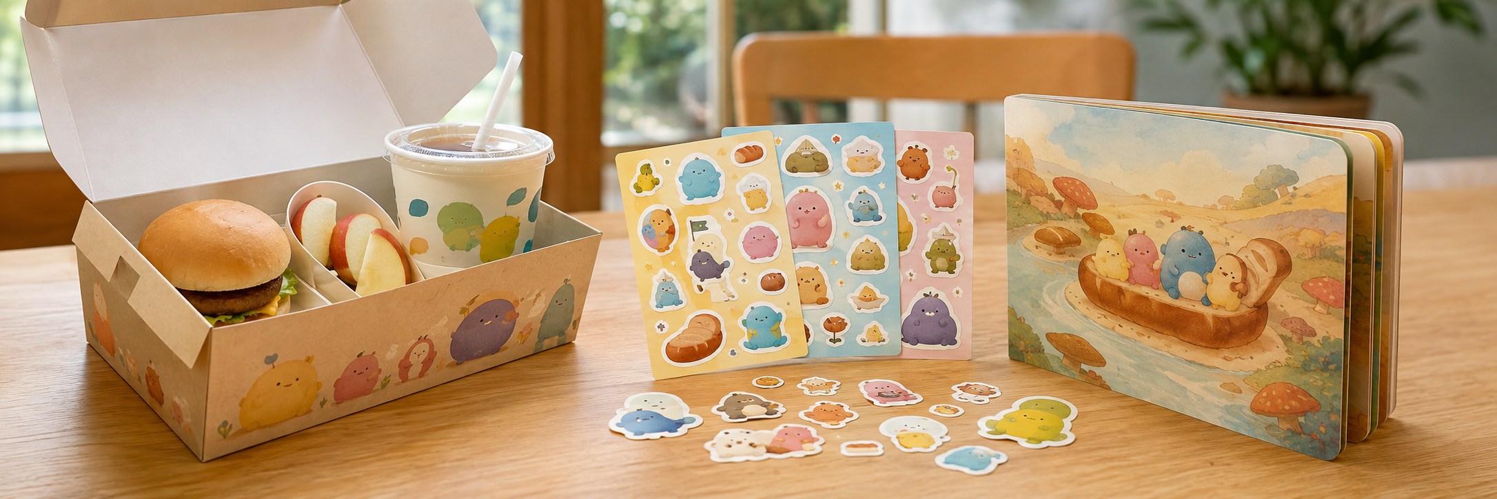 無地の子ども向けミールボックスとハンバーガー、リンゴ、オリジナルキャラクターのシールシート、絵本を並べた食卓