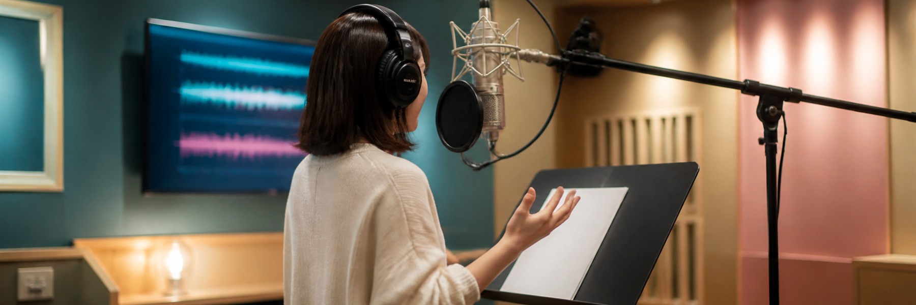 録音スタジオでマイクに向かいキャラクターの声を収録する声優の後ろ姿