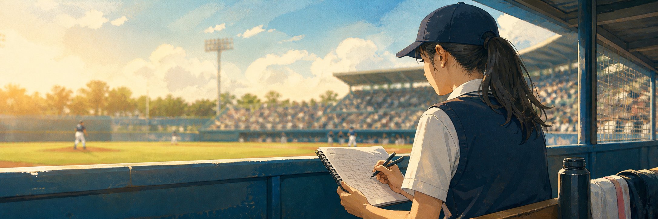高校野球のベンチでスコアを記録する学生コーチのイメージ