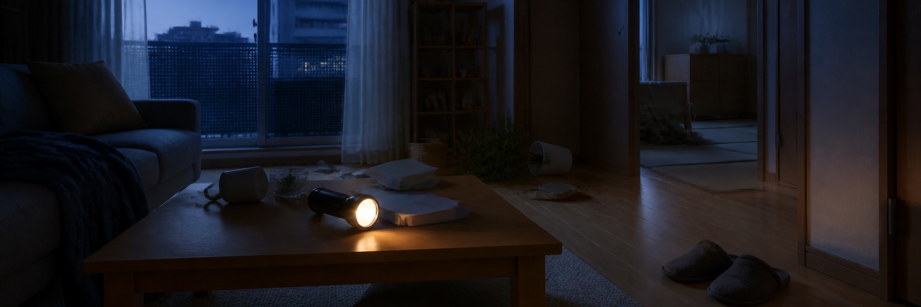 夜明け前の日本の集合住宅で、揺れた後の室内を照らす懐中電灯と避難用の履物
