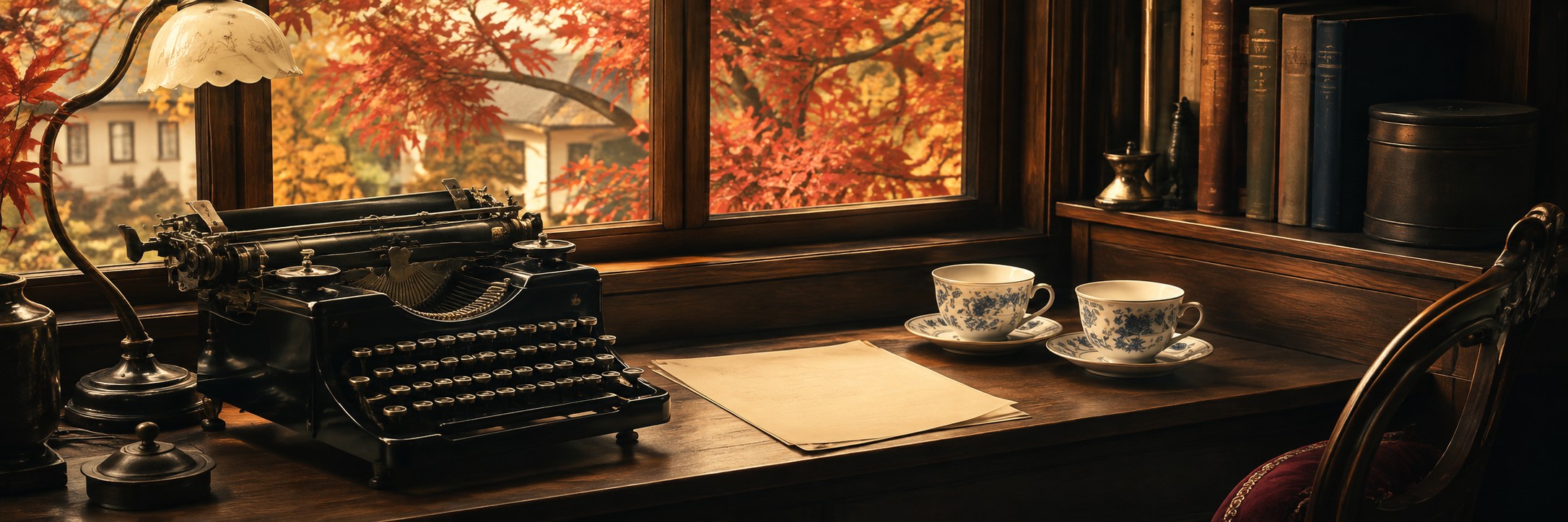 紅葉が見える昭和期の書斎にタイプライターと便箋、二客のティーカップを置いたドラマのイメージ。出演者本人ではありません