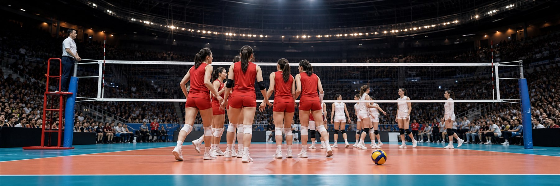 国際大会のバレーボールコートで、青と白のユニホームを着た女子選手たちが次のプレーへ向けて円陣を組む様子