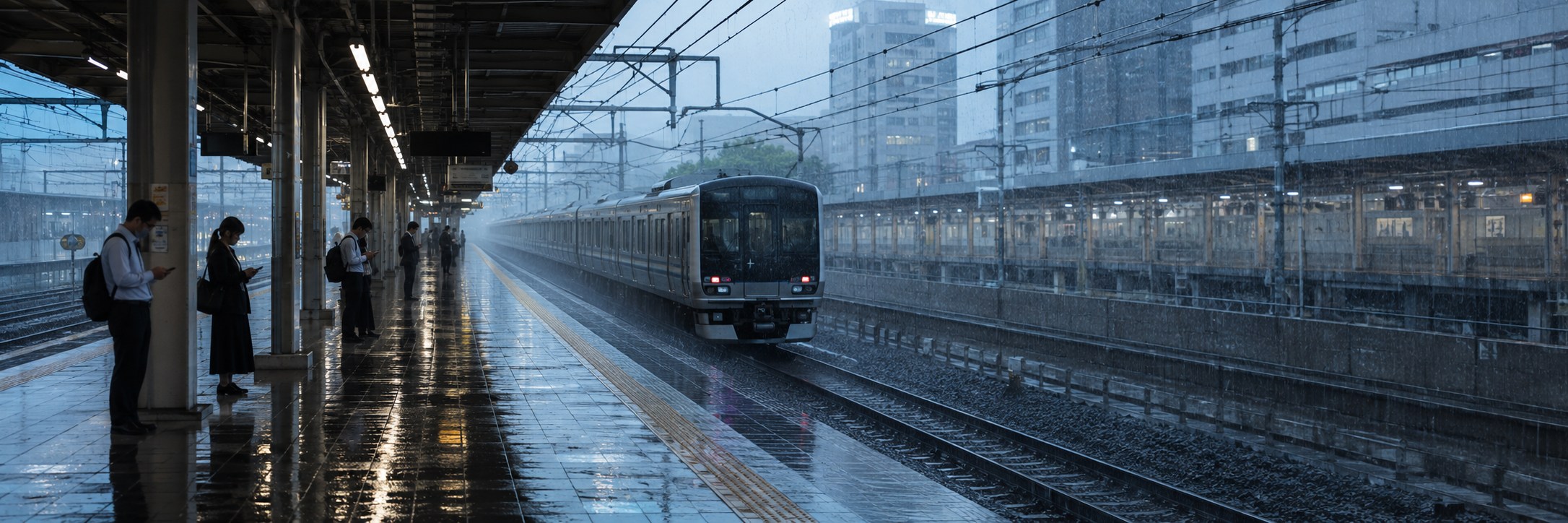 激しい雨が降る日本の駅で、停車中の無地の通勤電車とスマートフォンで運行情報を確認する通勤者を写したイメージ
