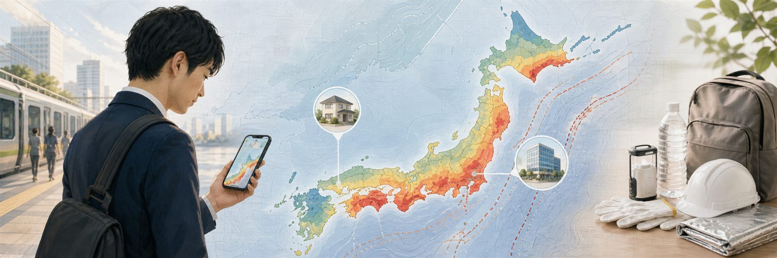日本の地震ハザード地図をスマートフォンで確認する通勤者と防災用品のイラスト