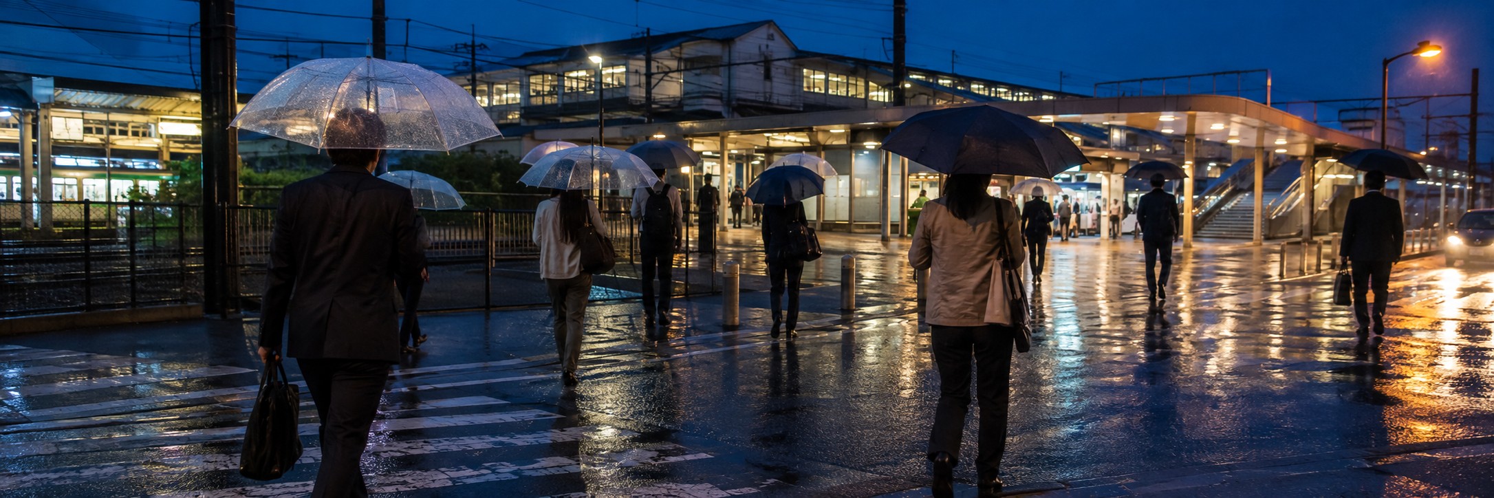 雨の夕方、架空の関東郊外駅前で傘を差して移動する通勤者と濡れた道路を写したイメージ。実際の被害場所ではありません