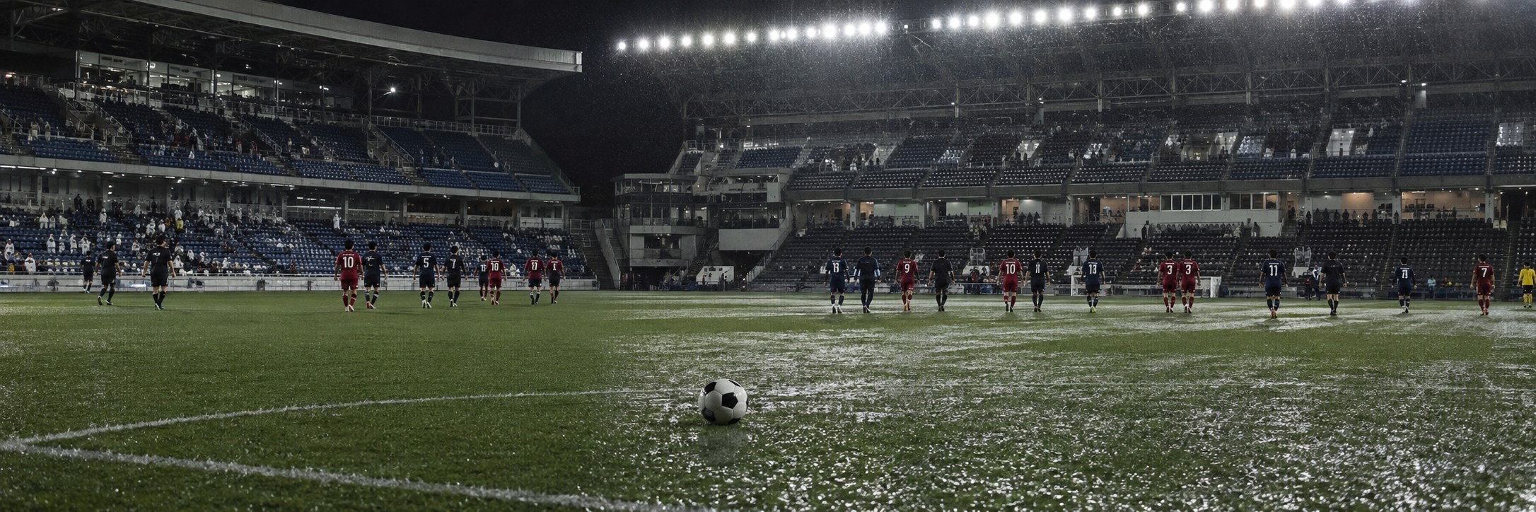 雨の夜のサッカースタジアムで、濡れたピッチにボールが残り、赤と紺の無地ユニフォームの選手が遠ざかる試合後のイメージ