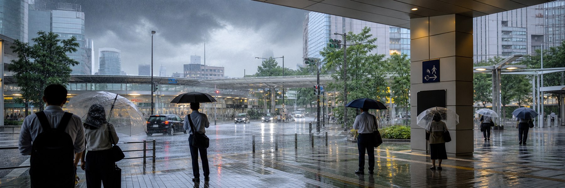 強い雨が降る近畿地方の都市駅前で、屋根の下から傘を差した人々が安全を確認する様子