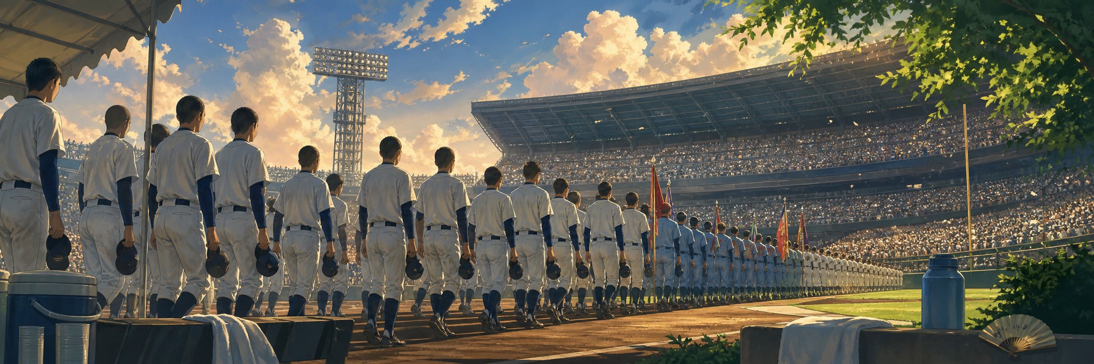 夏の夕方の野球場で行われる高校野球の開会式と観客の暑さ対策