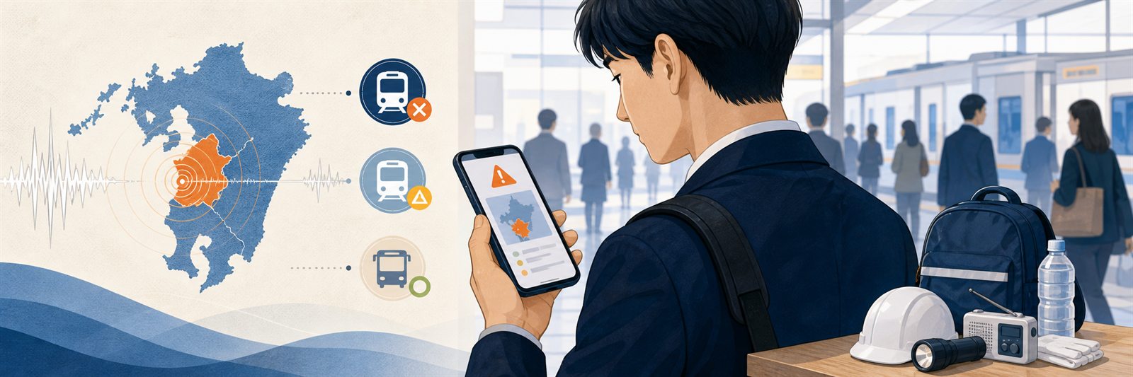 熊本と九州の地図を背景にスマートフォンで地震情報を確認する通勤者のイラスト