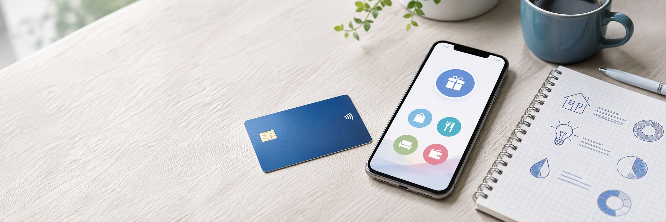 明るい机の上に置かれた無地の青いクレジットカード、ポイント項目をアイコンで示すスマートフォン、家計管理ノート