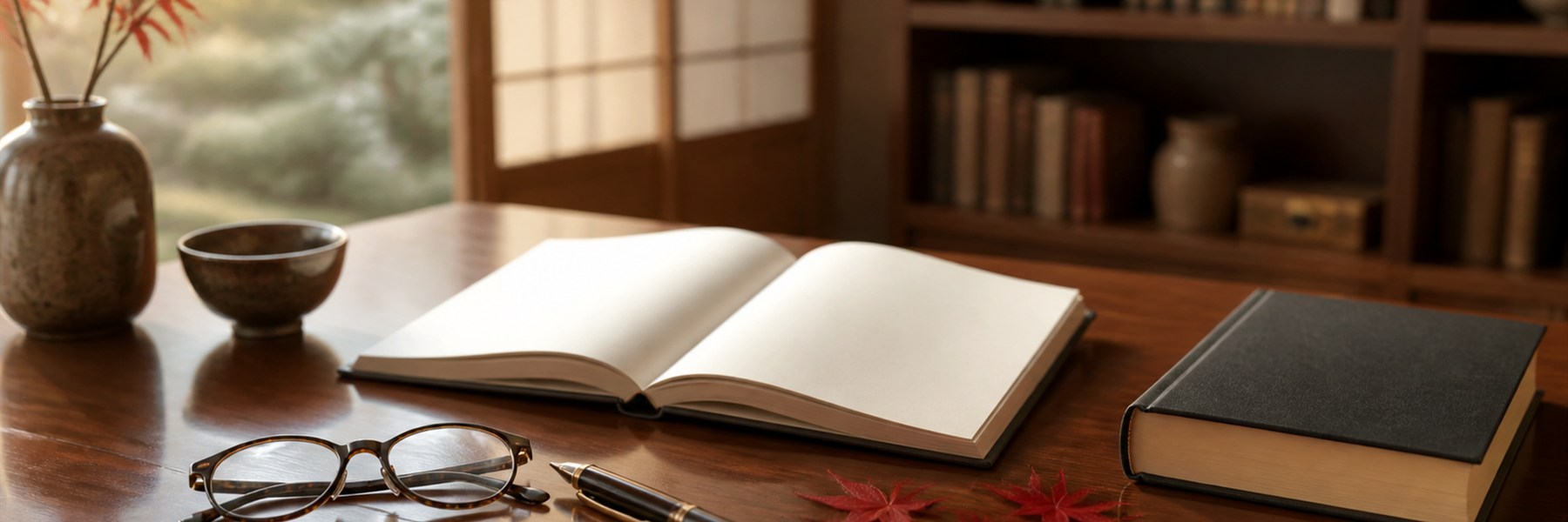 京都風の書斎にミステリー小説、台本、眼鏡、紅葉の葉が置かれた静かな机