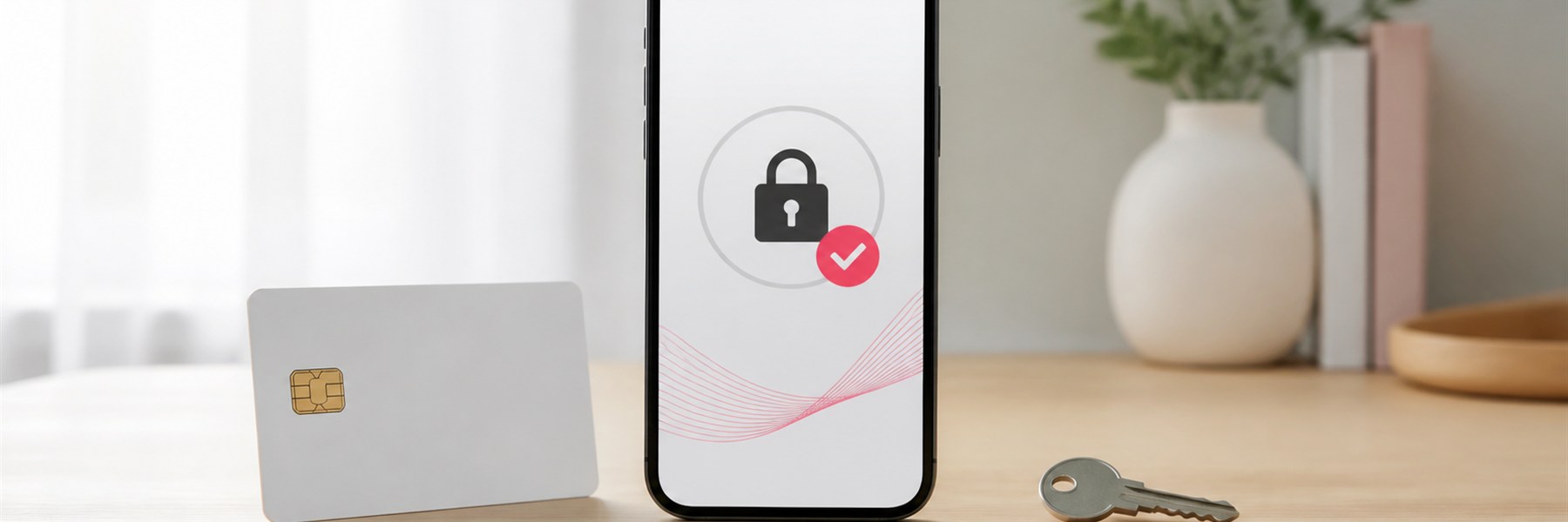 机上のスマートフォンに抽象的な本人確認画面が表示され、無地のICカードと鍵の模型が並ぶ様子