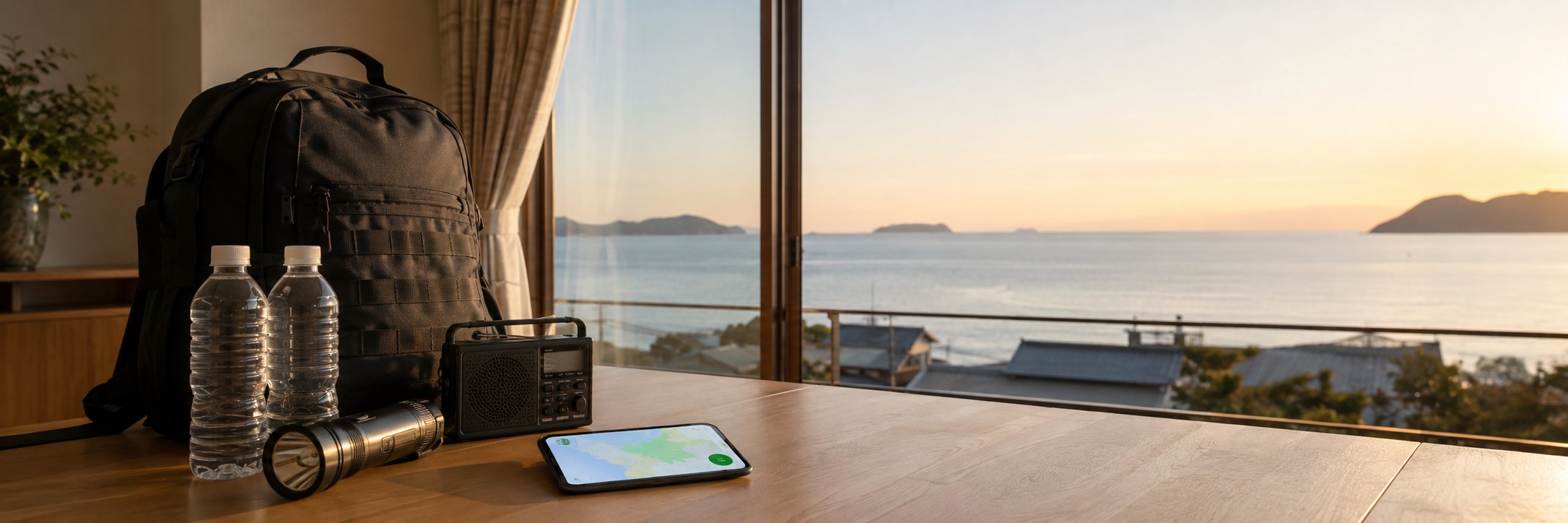 穏やかな海を望む住宅の室内で、非常用リュック、水、懐中電灯、携帯ラジオ、地図を表示したスマートフォンを点検する防災用品