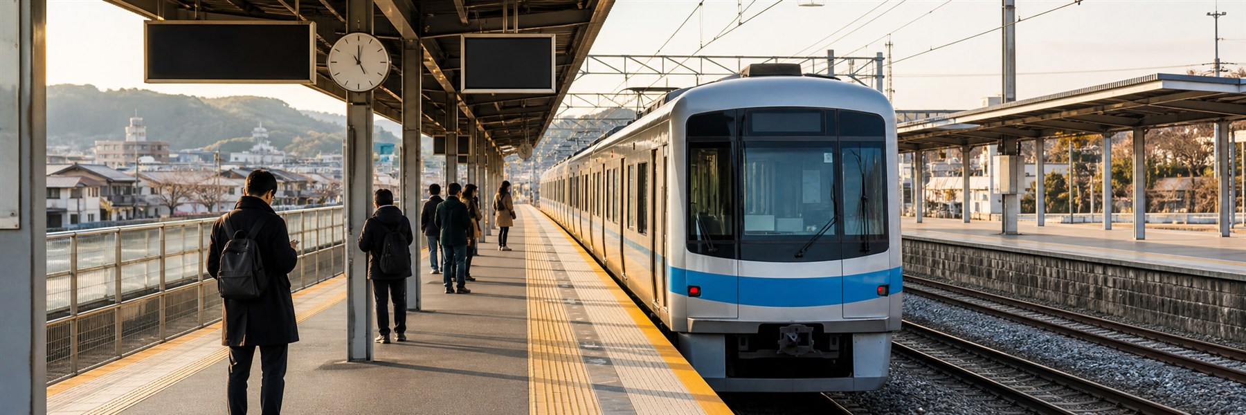 朝の郊外駅で、青い帯の無地の通勤電車がホームに停車し、利用客が安全な位置で待つ様子
