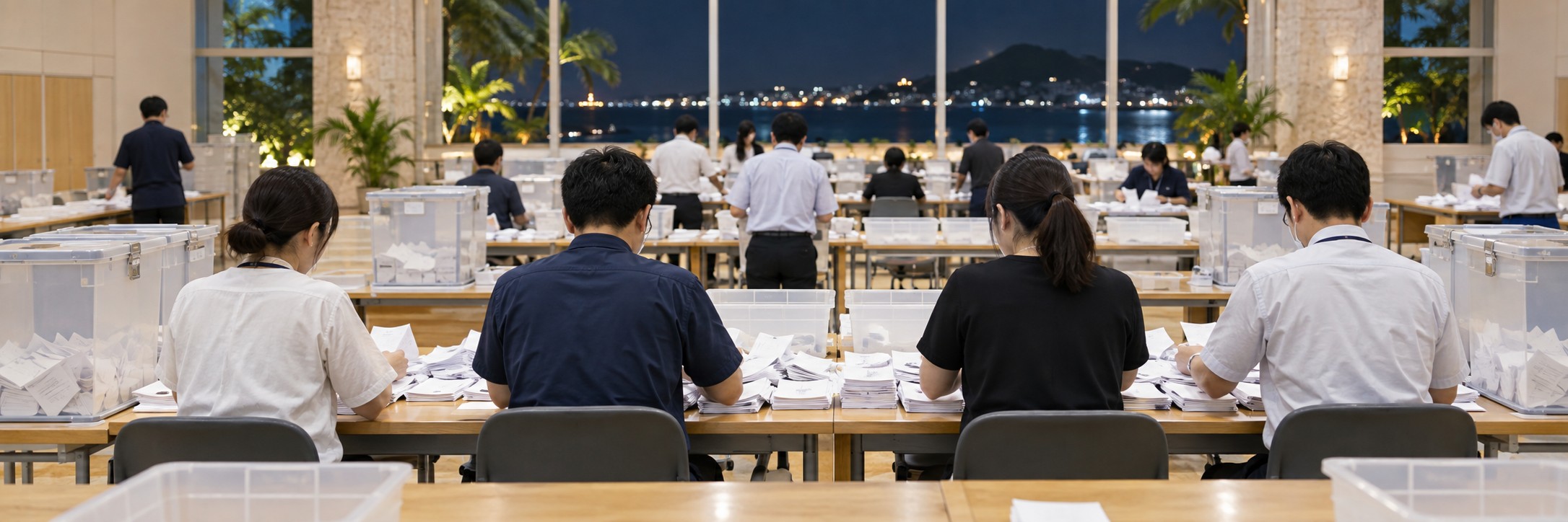 沖縄の海を望む明るい開票所で、職員が無記名の投票用紙を確認する中立的な説明用イメージ