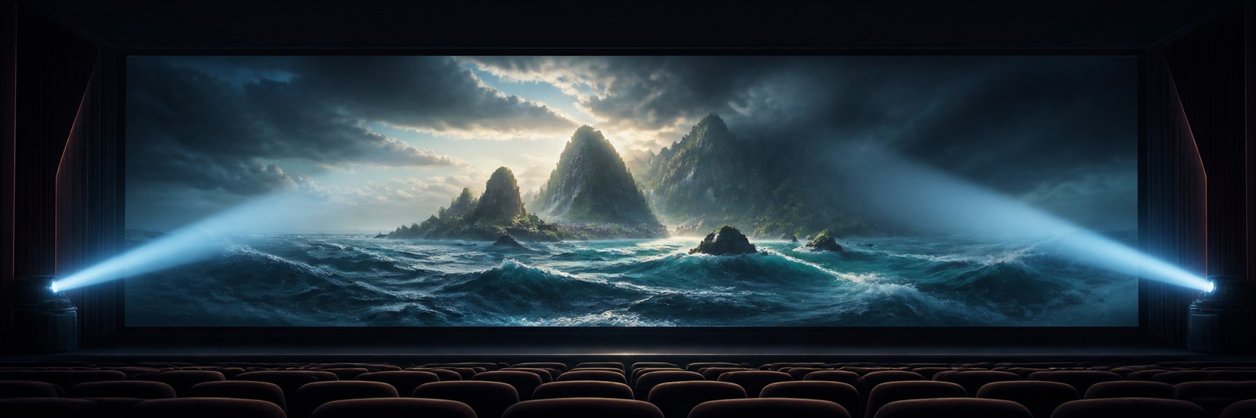 無人の映画館で二筋の映写光が、荒波と岩山の島を映す巨大スクリーンを照らす様子