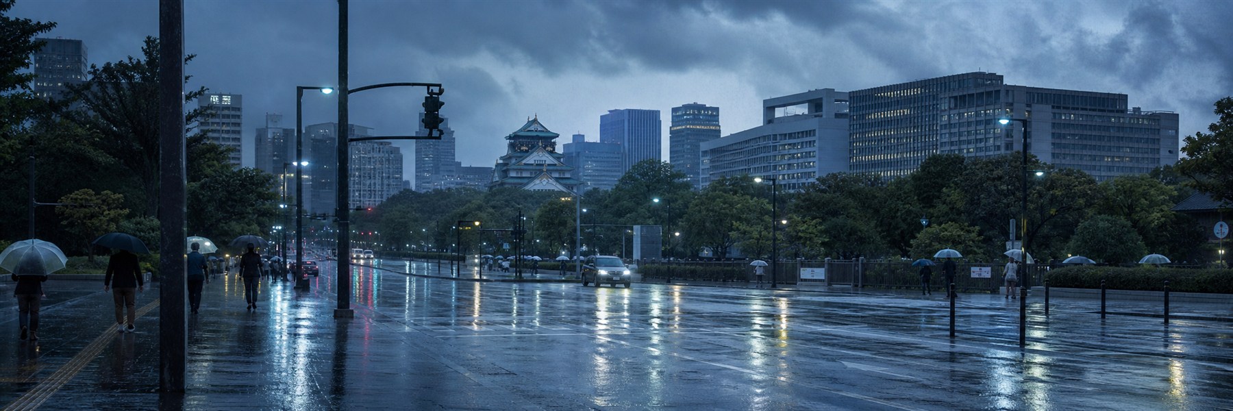 強い雨が降る早朝の大阪城周辺で濡れた道路に街灯が反射し、傘を差した人が歩く様子