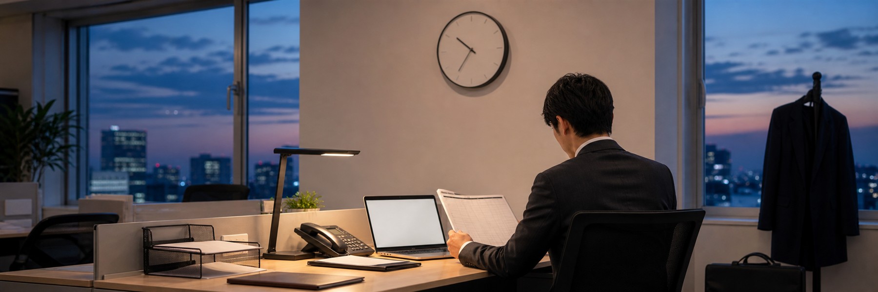 夕方のオフィスで数字のない壁時計を背に、白紙の勤務表を確認する会社員の後ろ姿