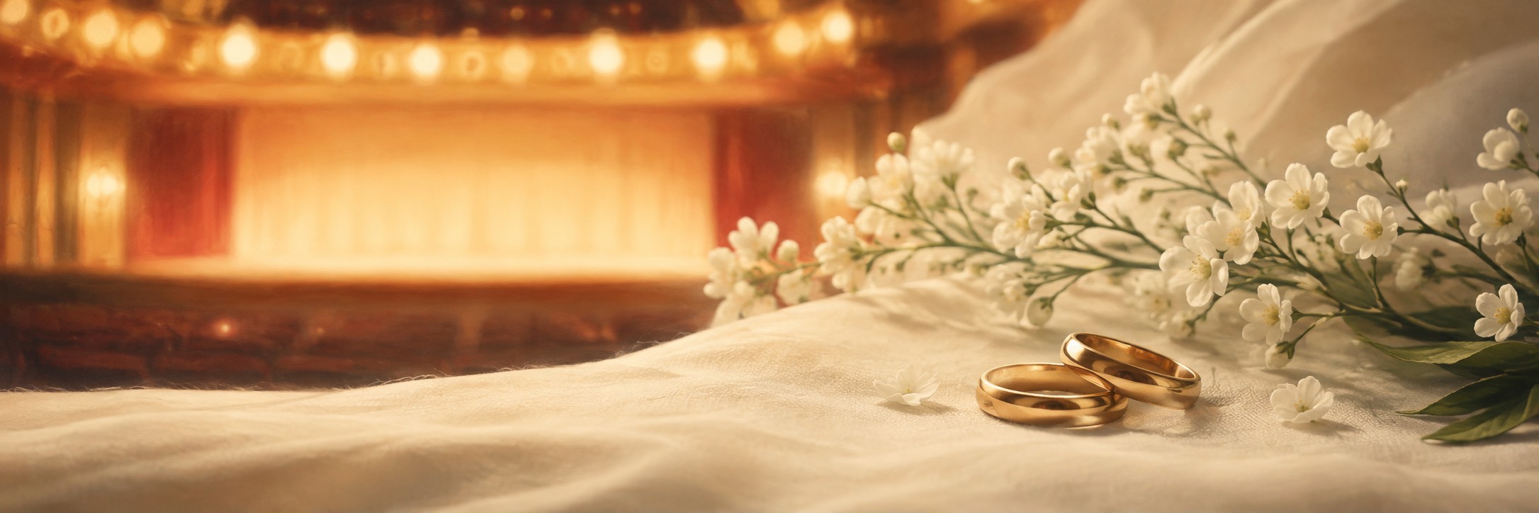 白い花と布の上に置いた二つの指輪、背景の劇場照明を描いた結婚発表のイメージ。本人の所持品ではありません