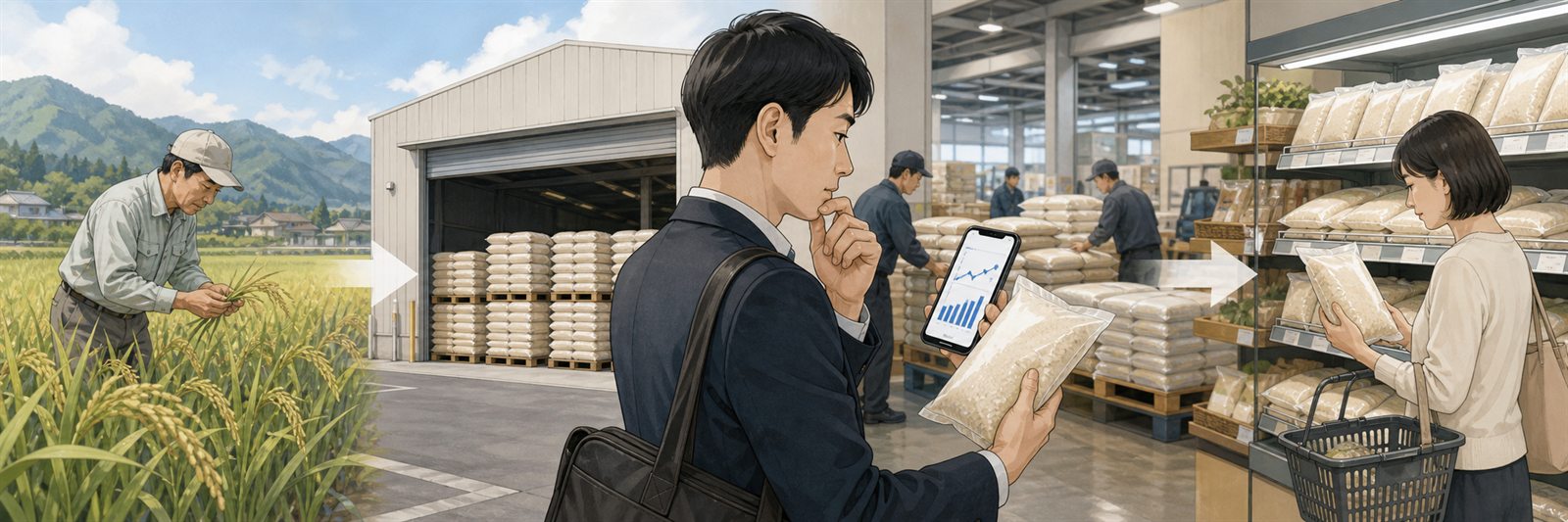 水田から備蓄倉庫と売り場までの米の流れと価格を確認する通勤者のイラスト
