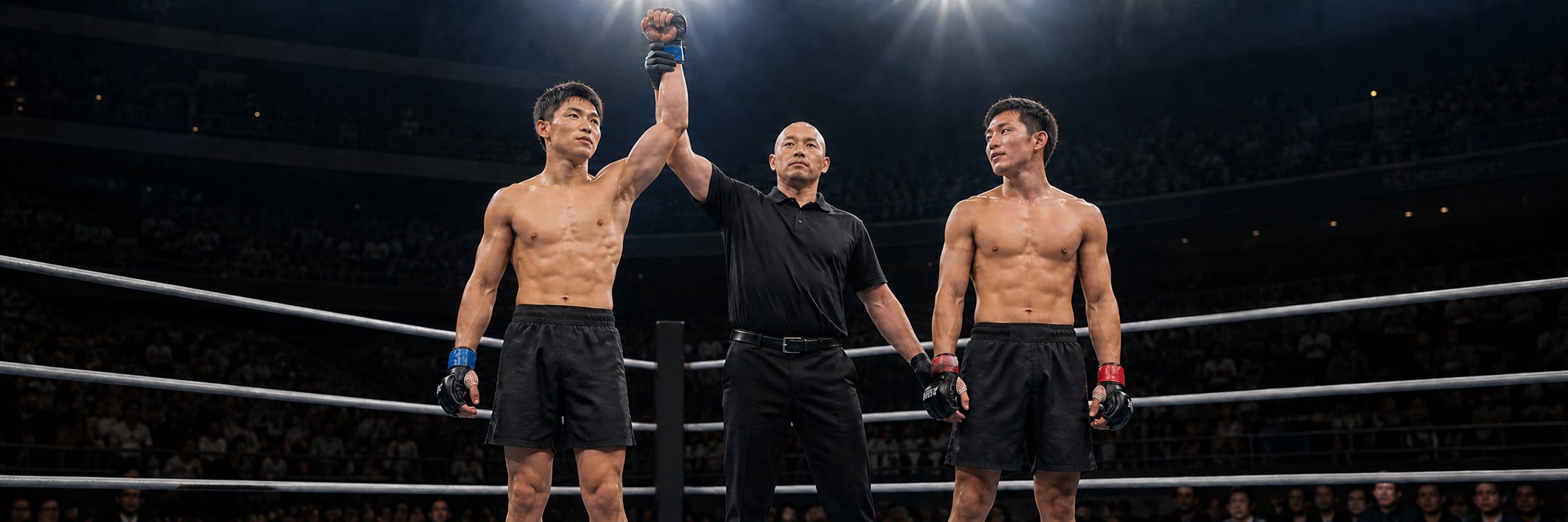 満員の格闘技会場でレフェリーから勝者として手を上げられる黒いショーツの選手