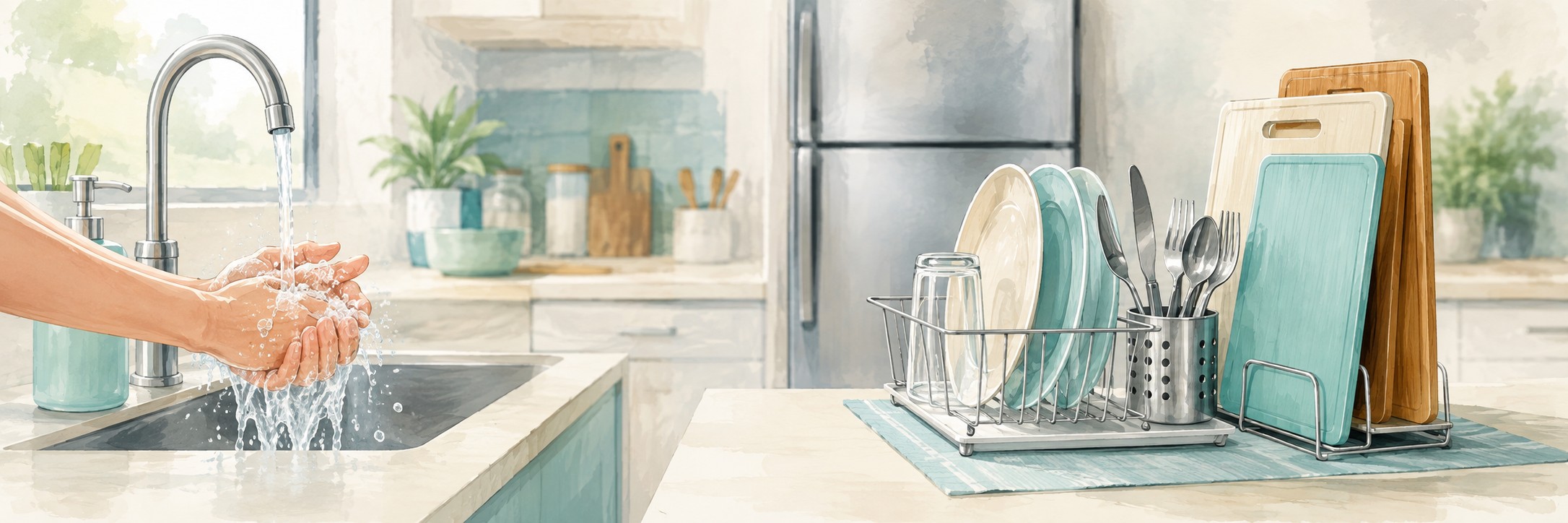 キッチンでの手洗いと洗浄した食器・まな板を描いた食品衛生のイメージイラスト。実際の店舗ではありません