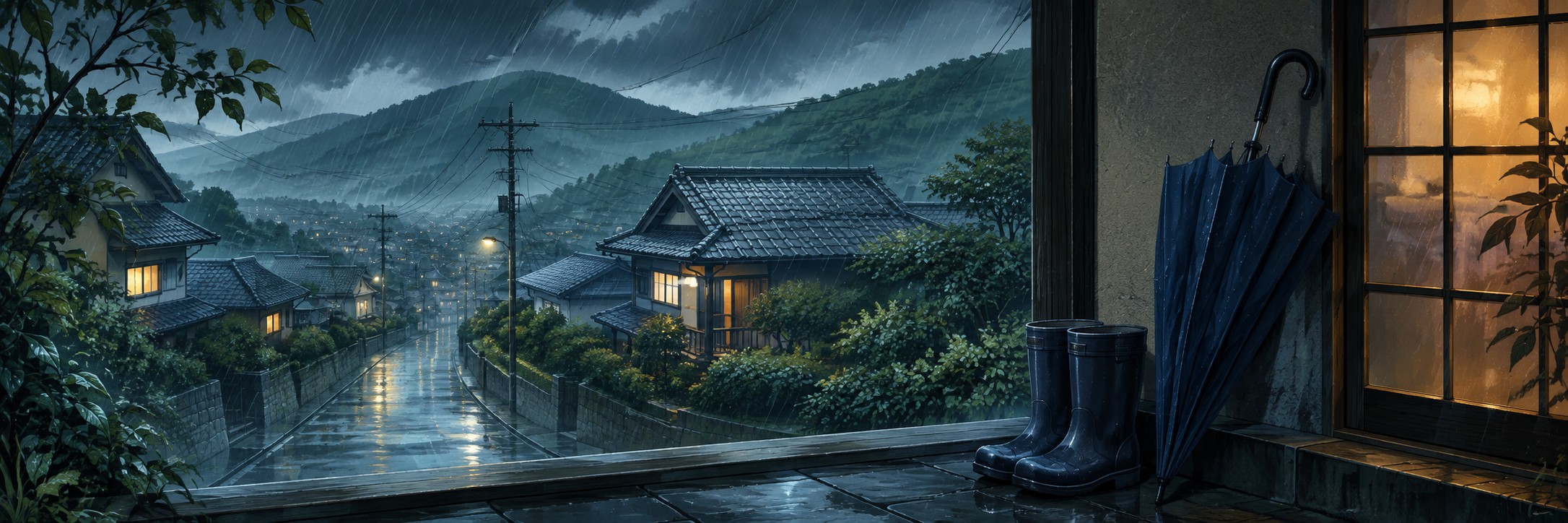 雨の住宅街と遠くの山並み、屋根の下に置いた傘と長靴を描いた大雨への備えのイメージ。実際の災害現場ではありません