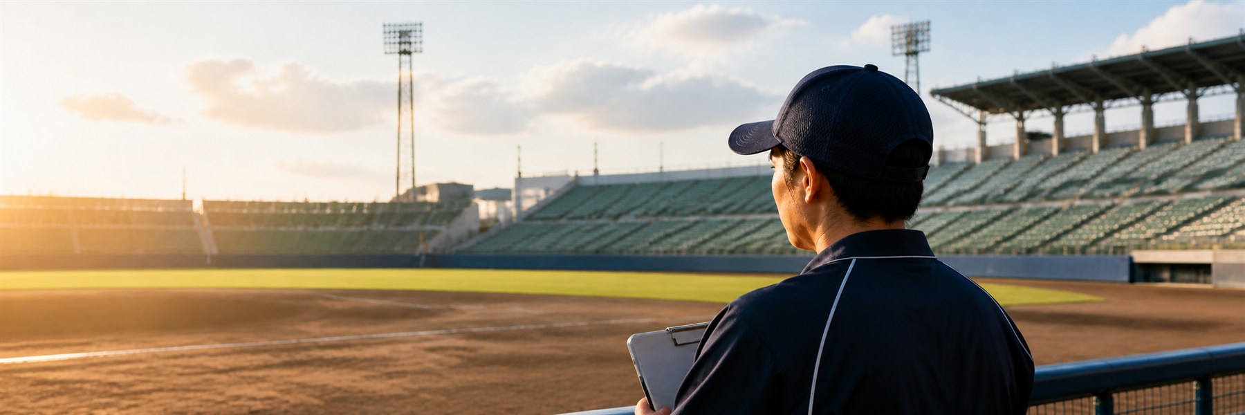 夕方の無人の野球場をベンチ付近から見つめ、クリップボードを持つ無地のユニフォーム姿の男性監督