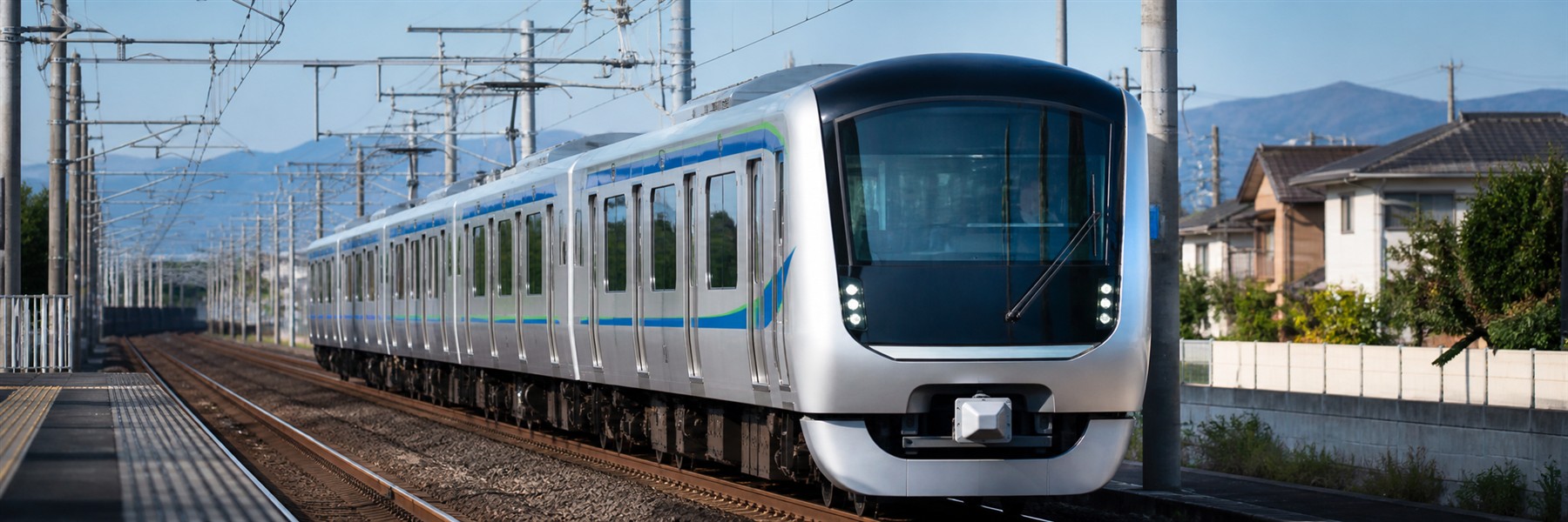 日本の郊外の線路を走る、銀色の車体に青緑の帯が入った架空の新型通勤電車