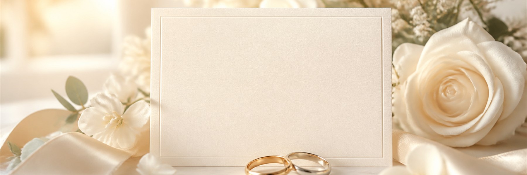 白い花と柔らかな光の中、無地の結婚報告カードの前に2つの指輪が置かれた様子
