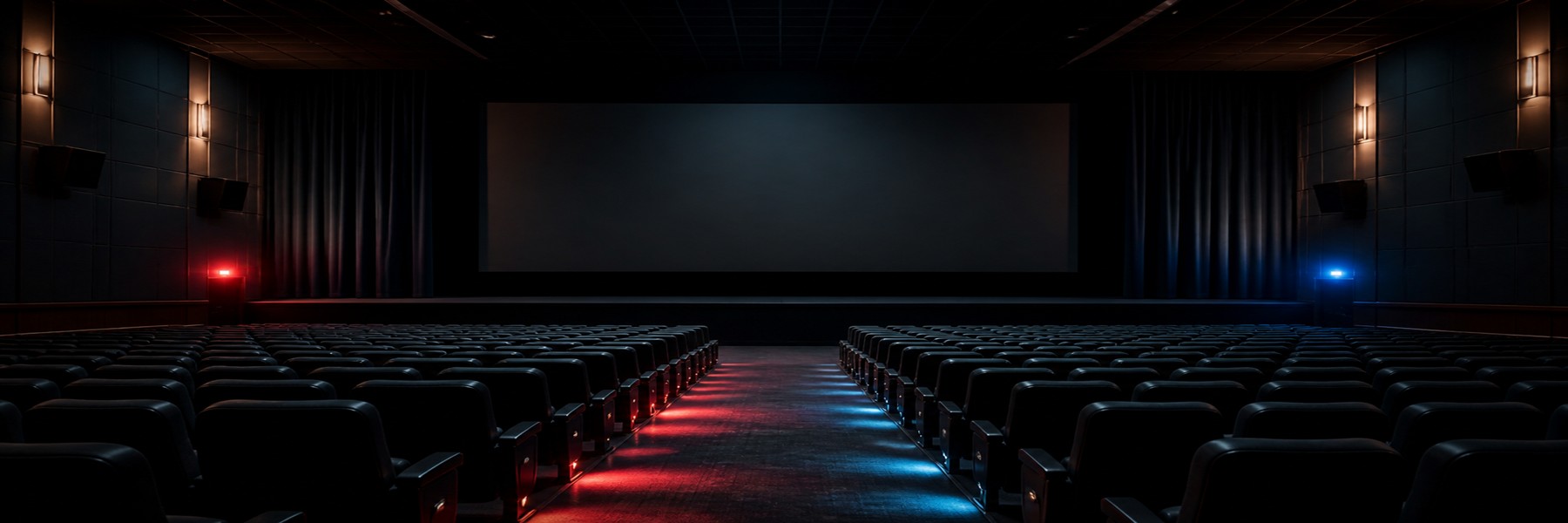 赤と青の弱い光が通路を照らし、スクリーンが暗いままの無人の映画館