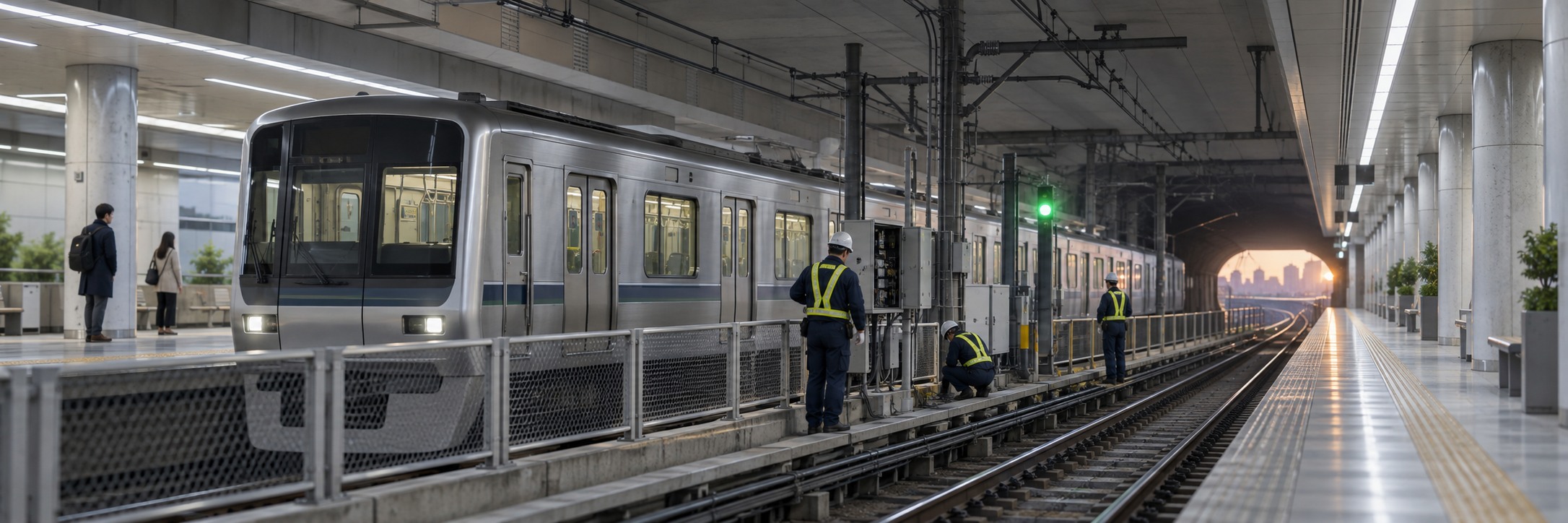 ロゴのない地下鉄駅で銀色の列車の横に保守員が立ち、電気設備の復旧を確認する説明用イメージ