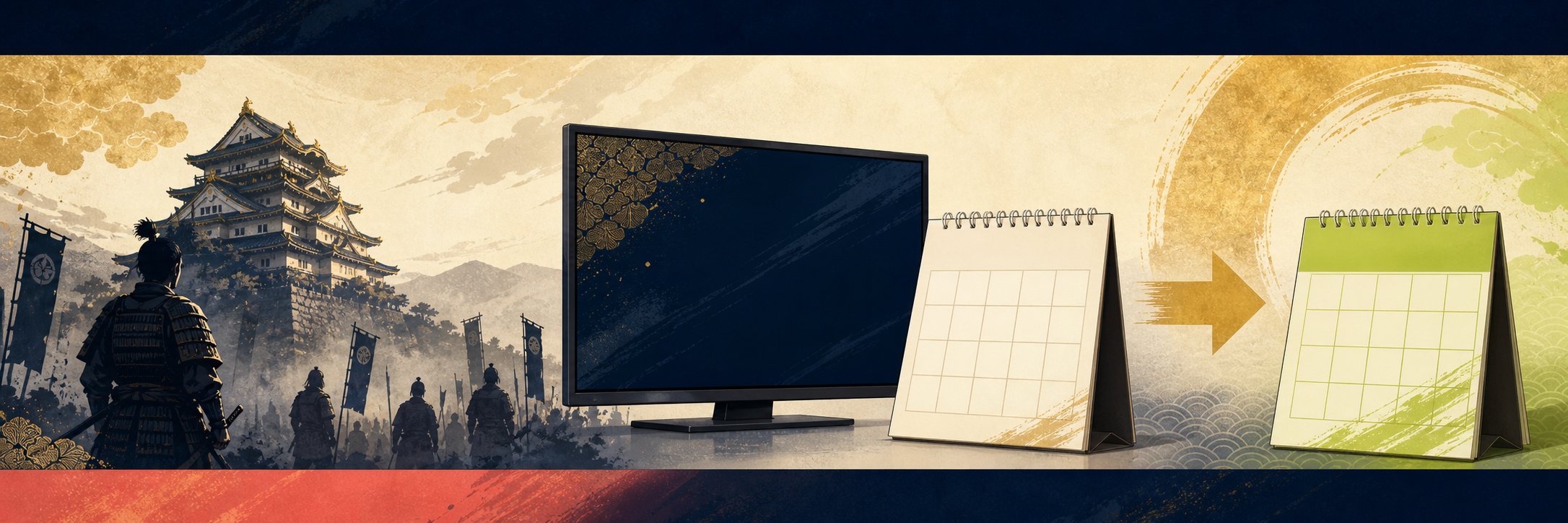 戦国時代の城とテレビ、翌週へ移るカレンダーを組み合わせた放送休止のイラスト