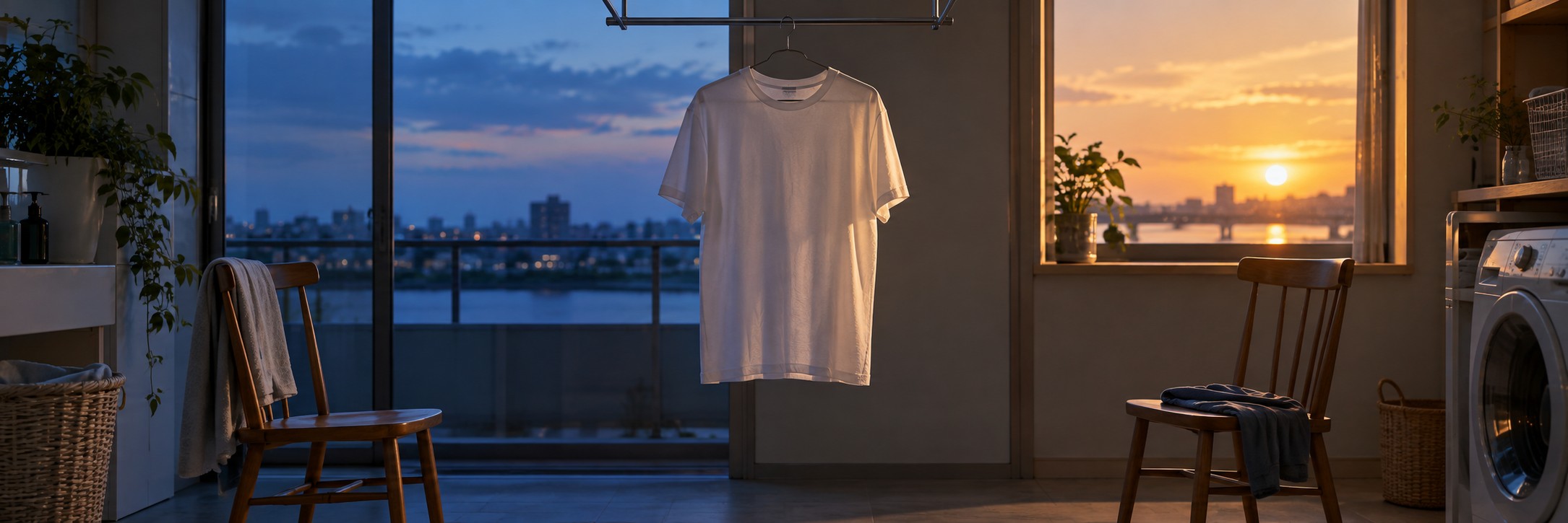 夕暮れのランドリールームで白いTシャツを挟んで二脚の椅子が向かい合う、最終話を表した説明用イメージ