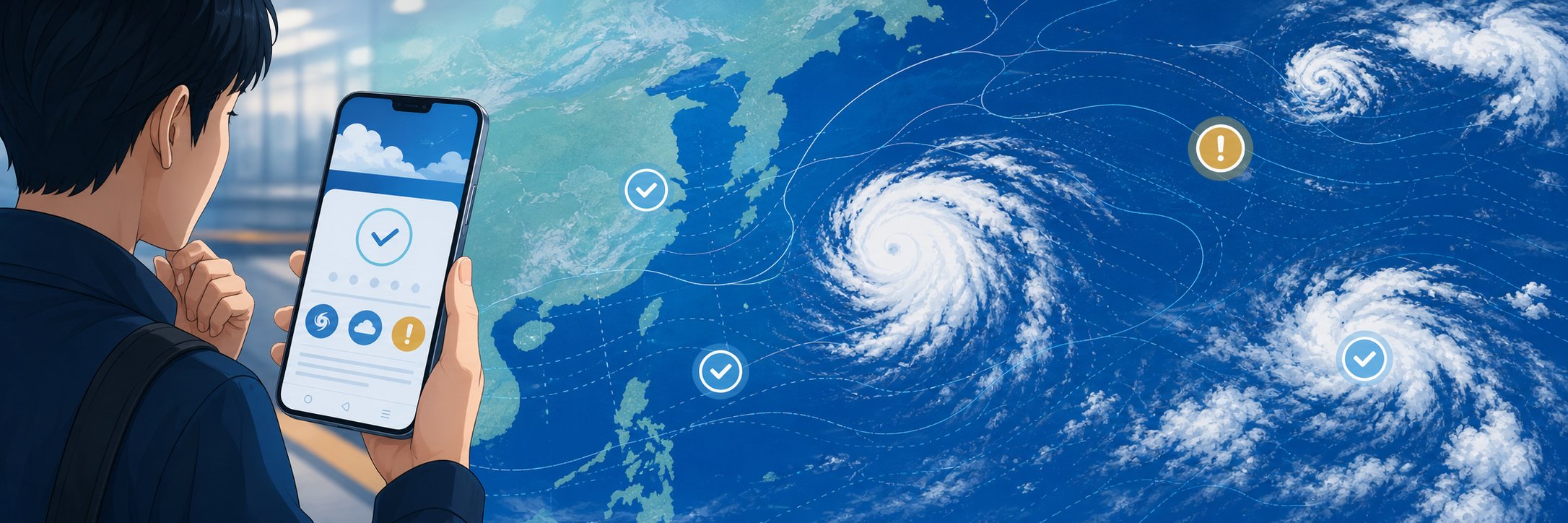 スマートフォンで台風情報を確認する通勤者と太平洋上の雲のイメージ