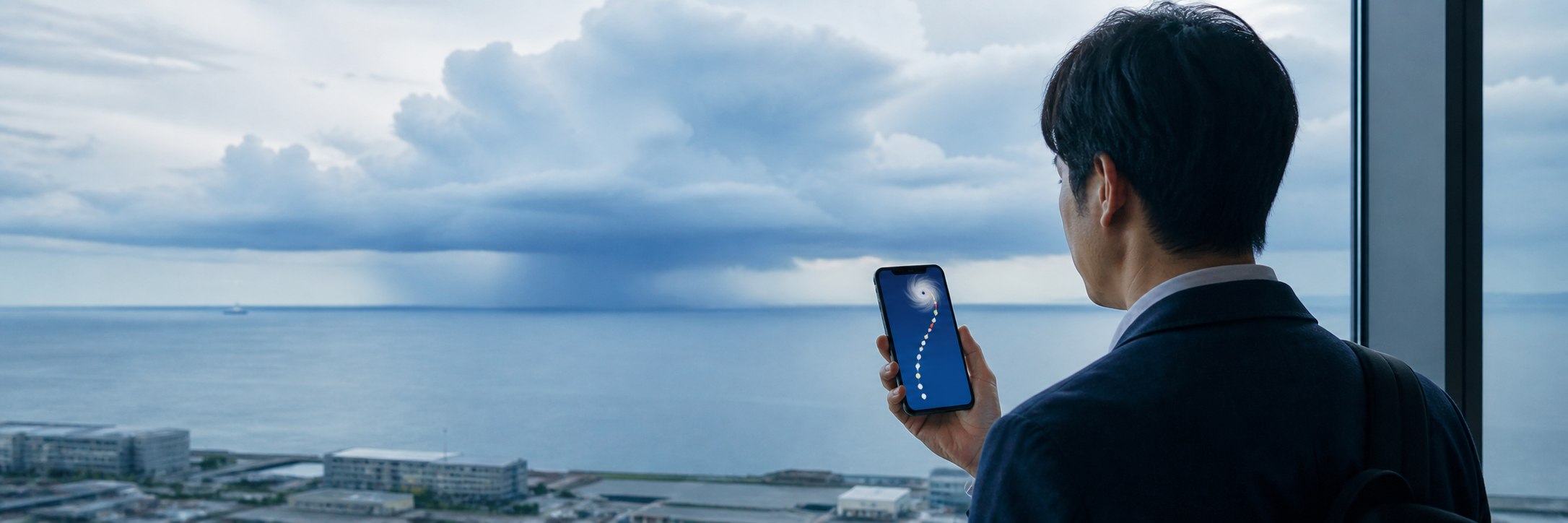 太平洋上の雲とスマートフォンの抽象的な進路図を窓辺で確認する通勤中の会社員