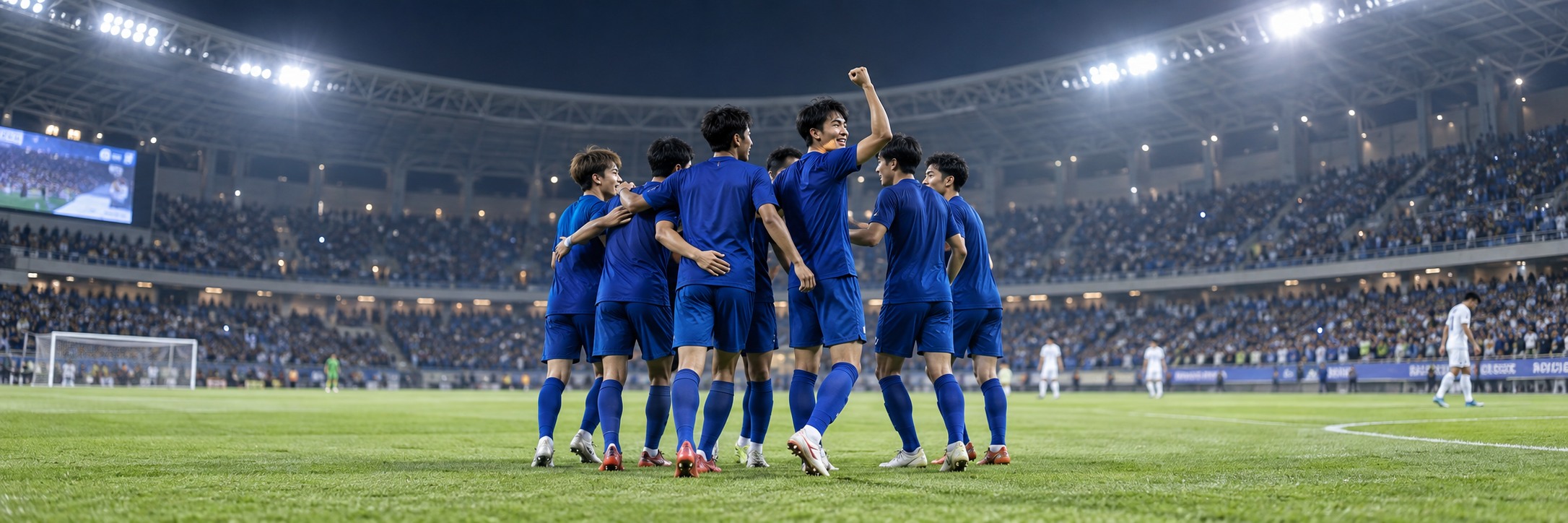 夜のスタジアムで青い無地のユニホームを着た若いサッカー選手たちが勝利を喜ぶ説明用イメージ