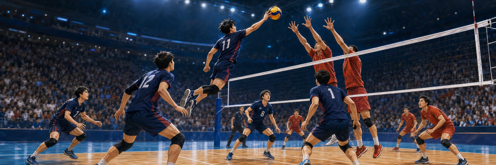 国際大会のアリーナでスパイクとブロックを競う架空の男子バレーボール選手のイラスト